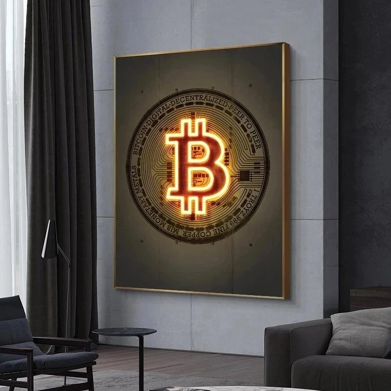 Neon bull and bitcoin room decor.