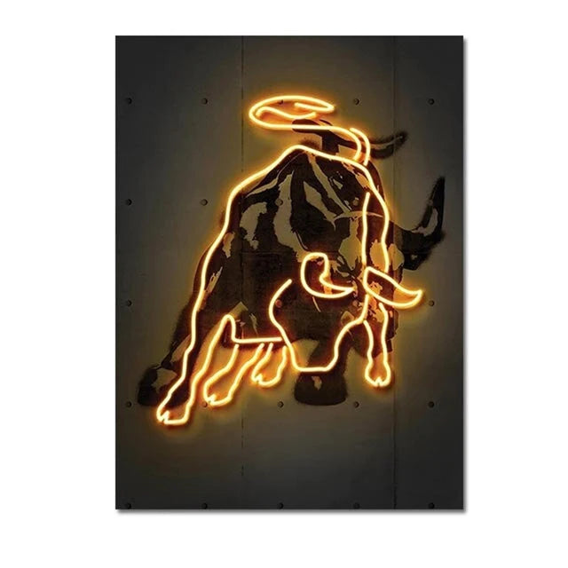 Neon bull and bitcoin room decor.