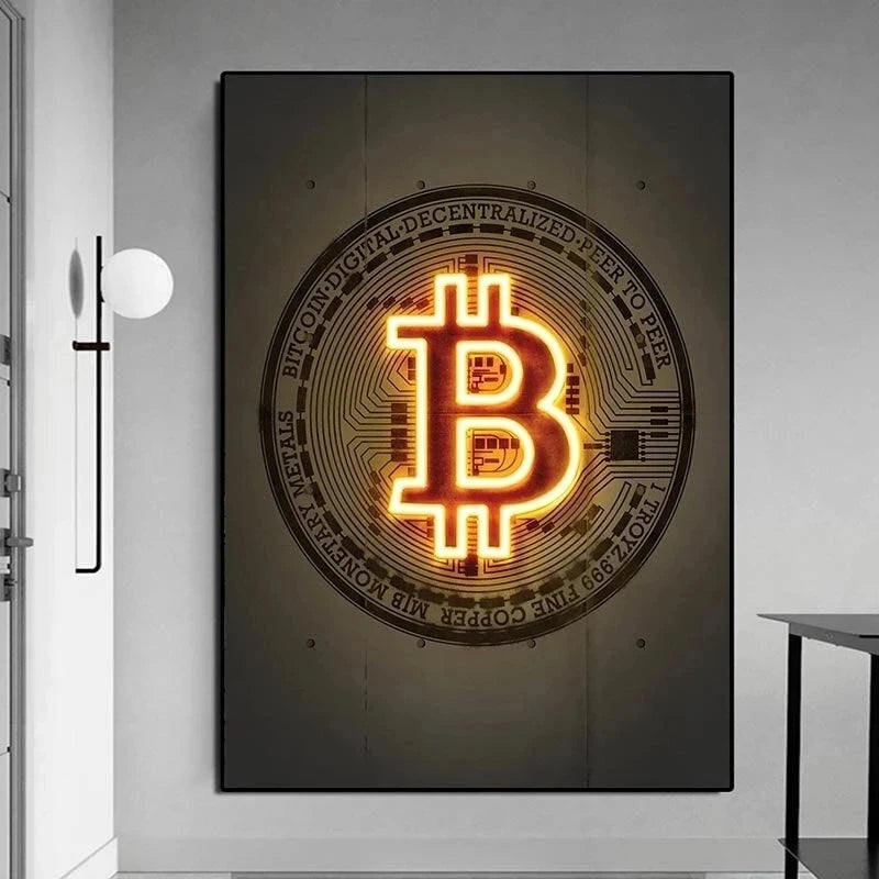 Neon bull and bitcoin room decor.