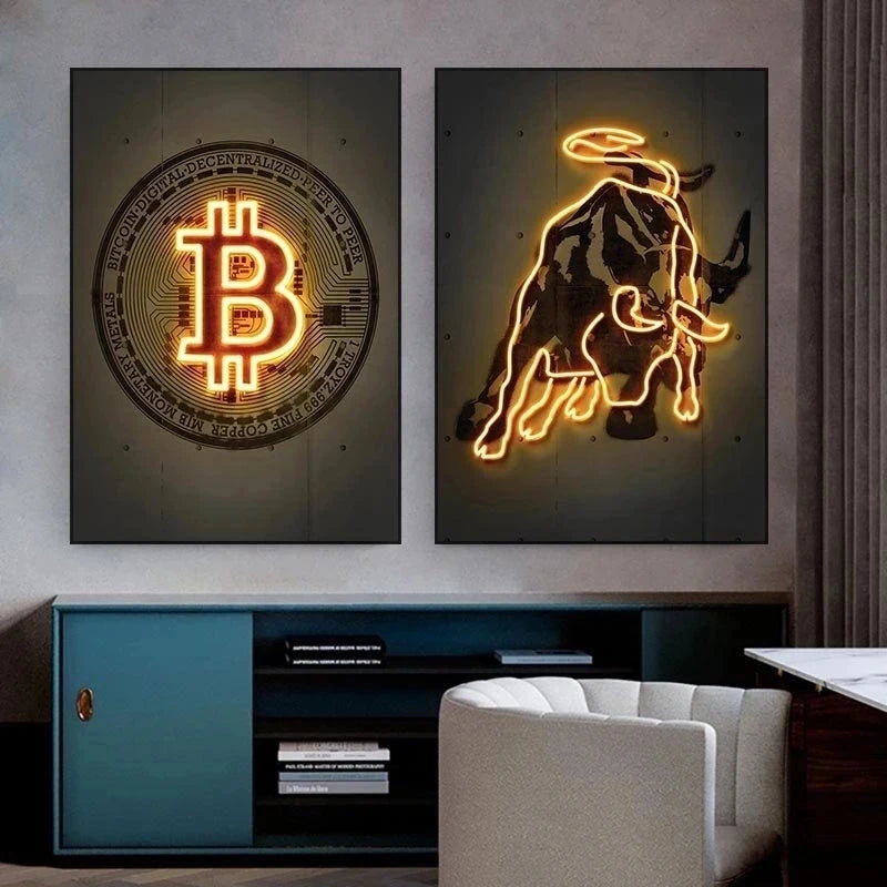 Neon bull and bitcoin room decor.